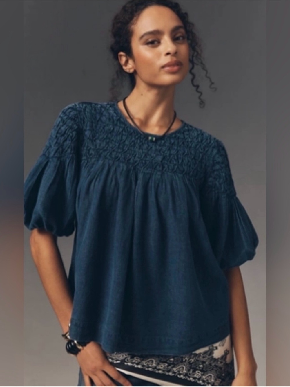 Anthropologie the Liza smocked puff sleeve denim blouse - Picture 2 of 3